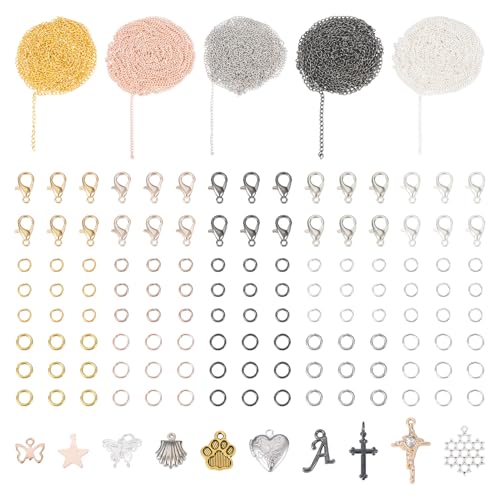 Beadthoven 270-teiliges DIY-Halskettenherstellungs-Set, 1,8 m, gedrehte, ovale Kreuz-Kabelketten mit Metallanhängern, Karabinerverschlüssen, Biegeringe für Schmuckherstellung, Armbänder, Ohrringe, DIY von BB Beadthoven