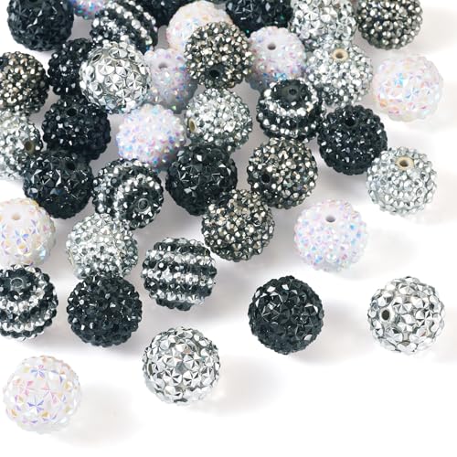 Beadthoven 40 Stück Harz-Strass-Perlen für Stifte, 20 mm, glitzernde Diamant-Discokugel-Perlen, Silber, Schwarz, Weiß, Acryl, klobige Kaugummi-Perlen für DIY-Schmuckherstellung, Schlüsselanhänger von BB Beadthoven