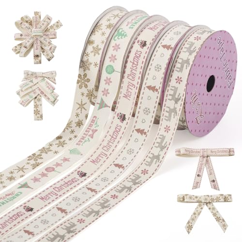 Beadthoven 5 Rollen Weihnachtsbänder einseitig bedruckte Baumwollbänder Geschenkbänder für Weihnachtsfeier Dekoration Geschenkverpackung Haarband, 16,5 mm breit von BB Beadthoven