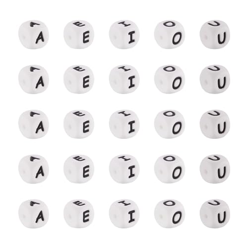 Beadthoven 50 Stück Silikon-Alphabet-Würfel-Perlen, 12 x 12 mm, quadratische Silikonperlen mit schwarzen Alphabet-Vokal-Buchstaben für DIY-Schmuck, Armband, Halskette, Loch: 2 mm von BB Beadthoven