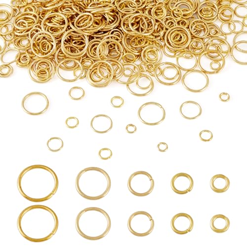Beadthoven 550 Stück 5 Größen Edelstahl Spaltringe echte 18 Karat vergoldete Binderinge kleiner Metall-Schmuckverbinder 4/5/6/8/10 mm Mini-Schlüsselanhänger für Schmuckherstellung, Halskette, Armband von BB Beadthoven
