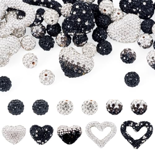 Beadthoven 60-teiliges Herz-Strass-Perlen-Set, 10 mm, Polymer-Ton, Strass, Discokugel-Perlen, schwarz-weiß, glitzernde Kristall-Diamant-Abstandshalter für DIY-Armbänder, Ohrringe, Schmuckherstellung Beadthoven 60-teiliges Herz-Strass-Perlen-Set, 10 mm, Polymer-Ton, Strass, Discokugel-Perlen, schwarz-weiß, glitzernde Kristall-Diamant-Abstandshalter für DIY-Armbänder, Ohrringe, Schmuckherstellung von BB Beadthoven