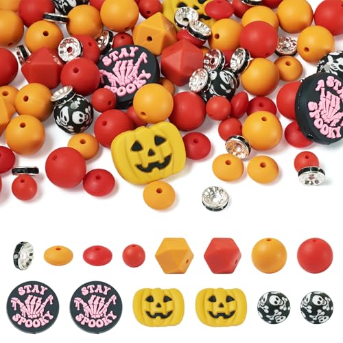 Beadthoven 92 Stück Halloween-Themen-Perlen, Kürbis-Schädel, Silikon-Kunststoffperlen mit Strass-Abstandshaltern für Halloween, Heimdekoration, Halskette, Schlüsselanhänger, DIY-Stifte, Orange von BB Beadthoven