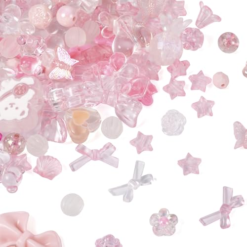 Beadthoven Acryl-Perlen, 100 g, rosa, blickdicht, transparent, Blume, Bär, Herz, Schleife, Perlen für DIY-Armbänder, Halsketten, Schlüsselanhänger, Schmuckherstellung, Loch: 1,2 ~ 4 mm von BB Beadthoven