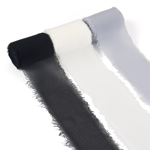 Beadthoven Chiffonband, 13,7 m x 5,1 cm, Schwarz / Weiß / Grau, ausgefranste Fransenkanten, Seidenstoffband für Geschenkverpackungen, Party, Urlaub, Dekorationen, Schleifen, Blumenstrauß, Hochzeit von BB Beadthoven