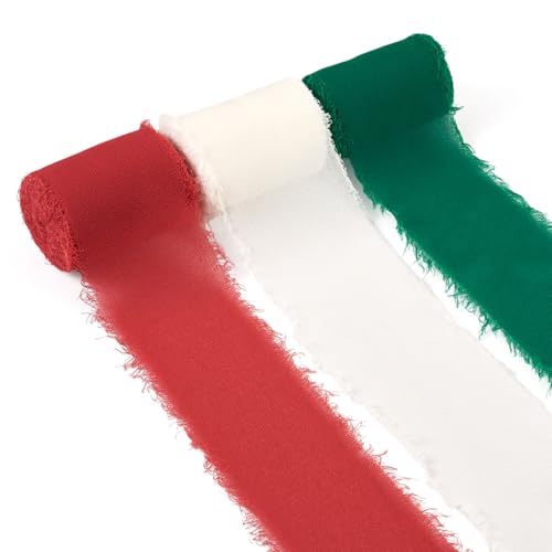 Beadthoven Chiffonband, 13,7 m x 5,1 cm, grün/rot/weiß, ausgefranste Fransenkanten, Seidenstoffband für Weihnachten, Geschenkverpackung, Party, Urlaub, Dekorationen, Schleifen, Blumenstrauß, Hochzeit von BB Beadthoven