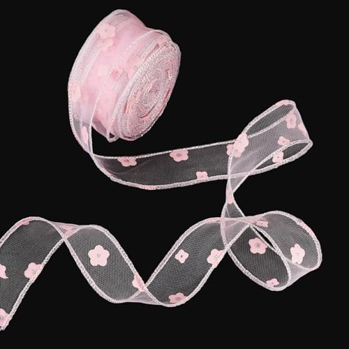 Beadthoven Drahtbänder mit Blumenmuster, zum Basteln, 4,8 cm, rosa, durchscheinende Bänder, Stoffbesatz für große Schleifen, Geschenkverpackungen, DIY-Kranz, Girlande, Hochzeit, Brautparty von BB Beadthoven