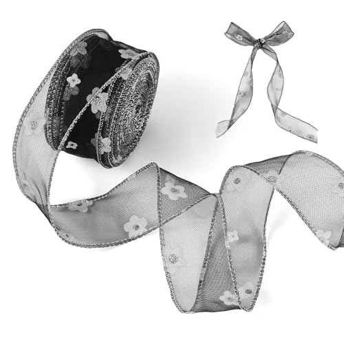 Beadthoven Drahtbänder mit Blumenmuster, zum Basteln, 4,8 cm, schwarze durchsichtige Bänder, Stoffbesatz für große Schleifen, Geschenkverpackungen, DIY-Kranz, Girlande, Hochzeit, Brautparty von BB Beadthoven
