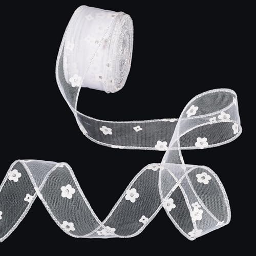Beadthoven Drahtbänder mit Blumenmuster, zum Basteln, 4,8 cm, weiß, durchscheinend, Stoffbesatz für große Schleifen, Geschenkverpackungen, DIY-Kranz, Girlande, Hochzeit, Brautparty, Weihnachten von BB Beadthoven