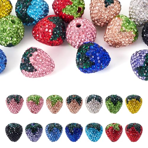 Beadthoven Erdbeerperlen mit Strasssteinen, 14 Farben, 3D-Früchte, Erdbeere, Polymer-Ton, Disco, Strass-Perlen für DIY, Perlen, Stifte, Schlüsselanhänger, Armband, Dekoration, 14 Stück von BB Beadthoven