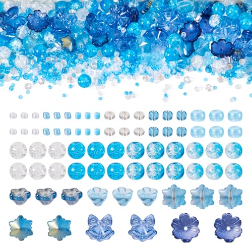 Beadthoven Glasperlen, zum Backen, bemalt, Craquelé-Glasperlen, Blume, Schneeflocke, Weihnachtsglocke, runde Perlen für Schmuckherstellung, DIY, Armband, Halskette, Blau, 3110 Stück von BB Beadthoven