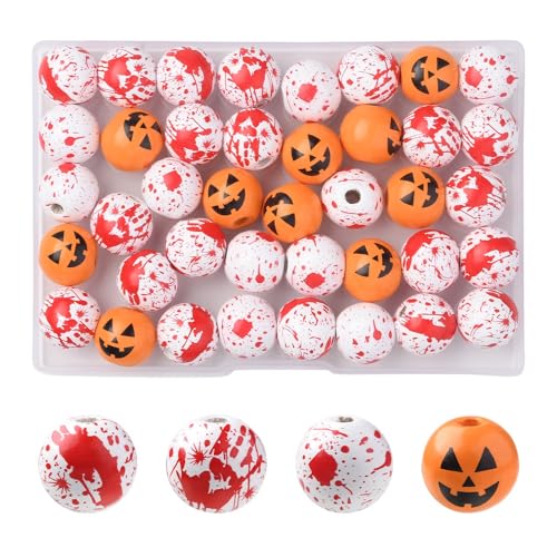 Beadthoven Halloween-Holzperlen, 16 mm, rote blutige Holz-Abstandshalter, orangefarbener Kürbis, Blutspritzer, bedruckt, runde Brennperlen für Halloween, Schmuck, Girlanden, Basteln, 40 Stück von BB Beadthoven