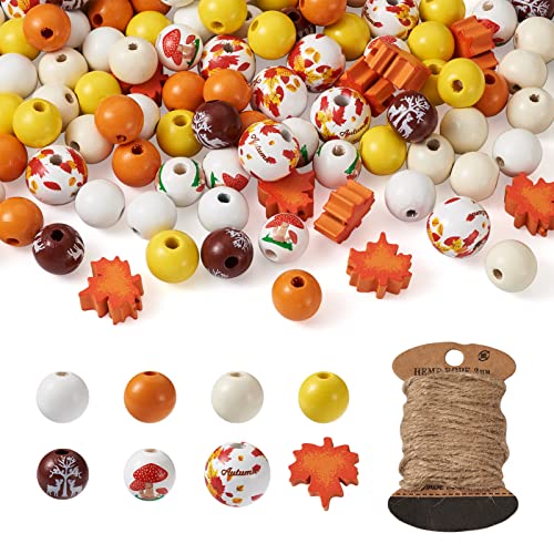 Beadthoven Herbst-Holzperlen zum Basteln, Thanksgiving, Orangenholzperlen, Ahornblatt-Pilz, rustikal, bedruckt, rund, mit Hanfseil, für DIY-Girlanden, Schmuckherstellung, Halloween-Party-Dekoration von BB Beadthoven