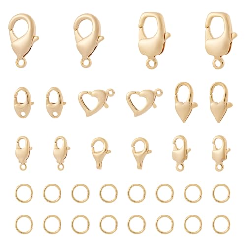 Beadthoven Karabinerverschlüsse mit Biegeringen, 18 Karat vergoldet, verschiedene Formen, Messing-Karabinerverschlüsse und 5 mm offene Ringe für Schmuckherstellung, Schlüsselanhänger, Halskette von BB Beadthoven