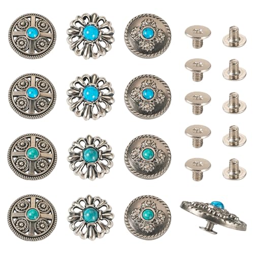 Beadthoven Knöpfe mit Schraubverschluss, 6 Stile, Gravur, Blumenmuster, Legierung, dekorativer Knopf, Türkis, Retro-Schraubnieten für Geldbörse, Taschen, Lederhandwerk, 12 Stück Beadthoven Knöpfe mit Schraubverschluss, 6 Stile, Gravur, Blumenmuster, Legierung, dekorativer Knopf, Türkis, Retro-Schraubnieten für Geldbörse, Taschen, Lederhandwerk, 12 Stück von BB Beadthoven