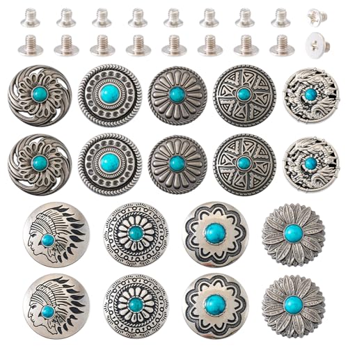 Beadthoven Knöpfe mit Schraubverschluss, 9 Stile, Gravur, Sonnenblumenmuster, Legierung, dekorativer Knopf, rund, Türkis, Retro, Schraubnieten für Geldbörse, Taschen, Lederhandwerk, 18 Stück Beadthoven Knöpfe mit Schraubverschluss, 9 Stile, Gravur, Sonnenblumenmuster, Legierung, dekorativer Knopf, rund, Türkis, Retro, Schraubnieten für Geldbörse, Taschen, Lederhandwerk, 18 Stück von BB Beadthoven