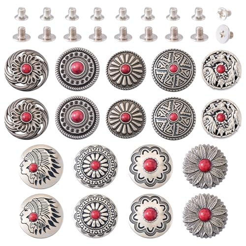 Beadthoven Knöpfe mit Schraubverschluss, Blumenmuster, flach, rund, Legierung, dekorativer Knopf, rot, Türkis, Retro-Schraubnieten für Geldbörse, Taschen, Lederhandwerk, 18 Stück Beadthoven Knöpfe mit Schraubverschluss, Blumenmuster, flach, rund, Legierung, dekorativer Knopf, rot, Türkis, Retro-Schraubnieten für Geldbörse, Taschen, Lederhandwerk, 18 Stück von BB Beadthoven