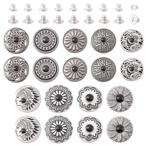 Beadthoven Knöpfe mit Schraubverschluss, Blumenmuster, flach, rund, Legierung, dekorativer Knopf, schwarz, Türkis, Retro-Schraubnieten für Geldbörse, Taschen, Lederhandwerk, 18 Stück Beadthoven Knöpfe mit Schraubverschluss, Blumenmuster, flach, rund, Legierung, dekorativer Knopf, schwarz, Türkis, Retro-Schraubnieten für Geldbörse, Taschen, Lederhandwerk, 18 Stück von BB Beadthoven