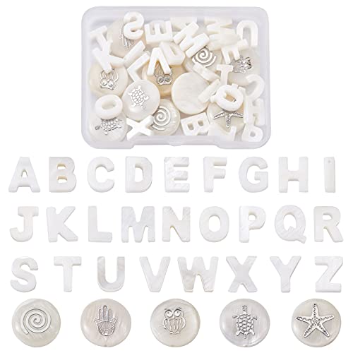 Beadthoven Muschel-Buchstabenperlen, natürliche Süßwassermuschelperlen, Alphabet, Initialen-Charm, flach, rund, Seestern, Schildkröte, Perlen, oben gebohrt, Perlen für Schmuckherstellung, 36 Stück von BB Beadthoven