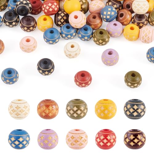 Beadthoven Natürliche bedruckte Holzperlen, 10 mm, Makramee, Bastelperlen mit Netzmuster, runde lose Holzperlen für Armband, Basteln, Heimdekoration, Schmuckherstellung, Loch: 3 mm, 60 Stück von BB Beadthoven