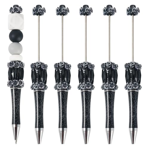 Beadthoven Perlen-Kugelschreiber mit Kunstharz-Blume, Edelstahl, Perlenstifte, dekorativer Perlenstift für DIY, personalisierter Stift, Büro, Schulbedarf, Schwarz, 5 Stück von BB Beadthoven