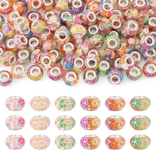 Beadthoven Perlen aus Kunstharz mit Blume, Polymer-Ton innen, europäische Perlen, Rondelle, große Lochperlen mit Messingkernen für selbstgemachte Halsketten, Armbänder, Schmuckherstellung, 100 Stück Beadthoven Perlen aus Kunstharz mit Blume, Polymer-Ton innen, europäische Perlen, Rondelle, große Lochperlen mit Messingkernen für selbstgemachte Halsketten, Armbänder, Schmuckherstellung, 100 Stück von BB Beadthoven