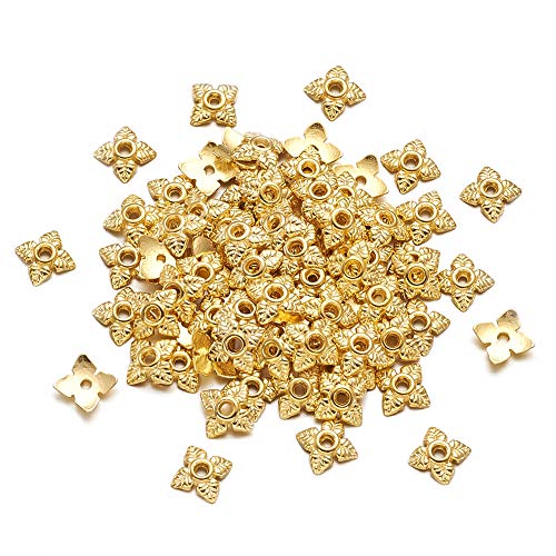 Beadthoven Perlenkappen im tibetischen Stil, Metalllegierung, Blumenkappen, 4 Perlen, Endkappen, 6 x 6 x 2 mm, für Schmuckarmbänder, goldfarben, Loch: 1 mm, 200 Stück von BB Beadthoven