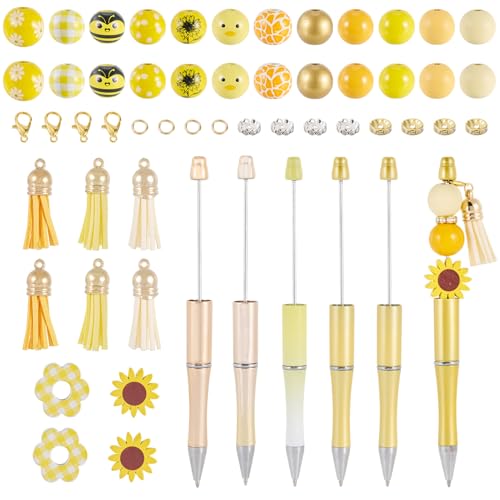 Beadthoven Perlenstifte-Set, Kunststoff-Kugelschreiber, Holzperlen, Quasten-Anhänger, Strass-Abstandhalter, DIY, personalisierter Tintenroller für Büro, Schule, Schreibwaren, Gelb, 10 Sets von BB Beadthoven