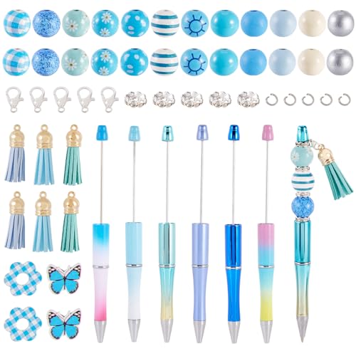 Beadthoven Perlenstifte-Set, Kunststoff-Kugelschreiber, Holzperlen, Quasten-Anhänger, Strass-Abstandhalter, DIY, personalisierter Tintenroller für Büro, Schule, Schreibwaren, Himmelblau, 12 Sets von BB Beadthoven
