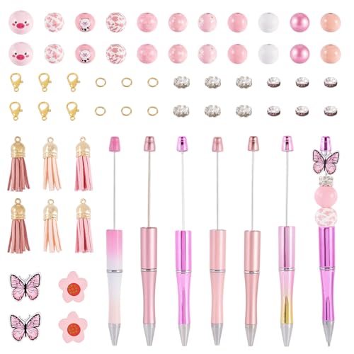 Beadthoven Perlenstifte-Set, Kunststoff-Kugelschreiber, Holzperlen, Quasten-Anhänger, Strass-Abstandhalter, DIY, personalisierter Tintenroller für Büro, Schule, Schreibwaren, Rosa, 12 Sets von BB Beadthoven