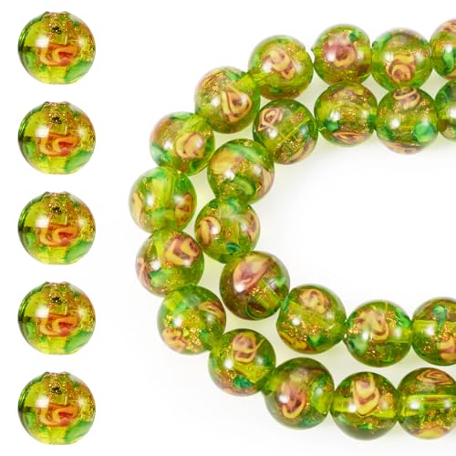 Beadthoven Runde Glasperlen mit Blume, 10 mm, handgefertigt, goldfarben, Sand, Glasperlen, runde Perlen mit Rosenblüte für Armband, Halskette, DIY, Basteln, olivgrün, 40 Stück Beadthoven Runde Glasperlen mit Blume, 10 mm, handgefertigt, goldfarben, Sand, Glasperlen, runde Perlen mit Rosenblüte für Armband, Halskette, DIY, Basteln, olivgrün, 40 Stück von BB Beadthoven
