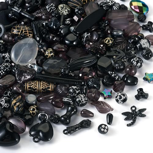 Beadthoven Schwarze Acrylperlen, verschiedene Perlen, Herzschleife, Libelle, Kawaii, Acryl, lose Perlen für DIY Handwerk, Armbänder, Halsketten, Handyketten, 100 g, Schwarz, sortiert, B von BB Beadthoven