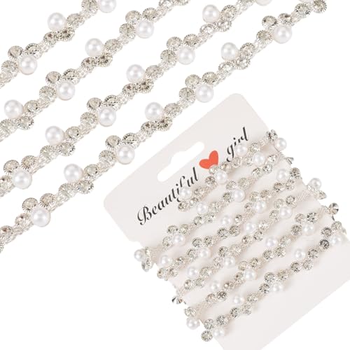Beadthoven Strass-Perlenbesatz, geschlossene Kette, 91 cm, silberfarbene Kristall-Strass-Cup-Kette zum Nähen, 10 mm, weiße Perlenapplikation für Schmuck, Hochzeitskleid, Blumenstrauß, Kleidung von BB Beadthoven