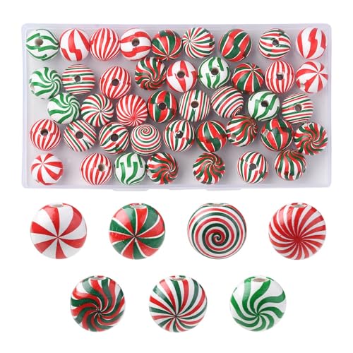 Beadthoven Weihnachts-Holzperlen, Zuckerstange, bedruckt, natürliche Holzperlen zum Basteln, rot, grün, weiß, rund, Lutscher, gestreift, für Schmuckherstellung, Weihnachtsgirlande, Halskette, 42 Stück von BB Beadthoven