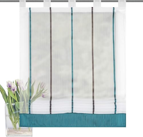 Schlaufenrollo Raffrollo Gardine Raffgardine Vorhang für Fenster in Weiss gestreift Petrol halbtransparent 1 Stück BxH: 120 x 150 cm Schlaufenrollo Raffrollo Gardine Raffgardine Vorhang für Fenster in Weiss gestreift Petrol halbtransparent 1 Stück BxH: 120 x 150 cm von BB-Toy-Trades