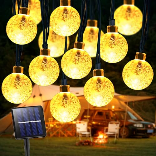 BBLTIFF Solar Lichterkette Aussen, 12M 60 LED 8 Modi IP65 Solarlichterkette Außen Wetterfest, Lichterkette Außen Solar, Kristall Kugeln Outdoor Lichterkette Solar für Gärten, Verandas (Warmweiß) von BBLTIFF