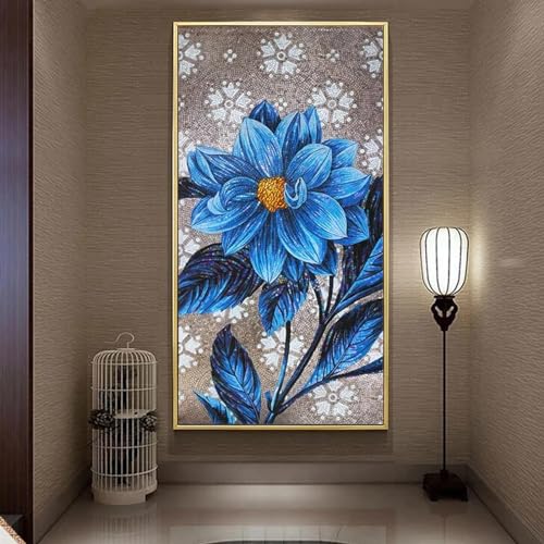 BBOVOBB Abstraktes blaues Pfingstrosen-Blumengemälde, Leinwand-Wandkunst-Poster, luxuriöses botanisches Bild, moderne Eingangsbereich-Veranda-Dekoration, 90 x 185 cm (35,4 x 72,8 Zoll), ungerahmt von BBOVOBB