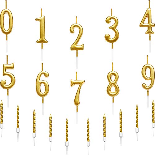 10 Stück Geburtstag Kuchen Zahl Kerzen Nummer 0-9 Funkeln Kuchen Topper und 10 Stück Spirale Kuchen Kerzen mit Halter für Geburtstag Hochzeit Kuchen Dekoration, Insgesamt 20 Stücke (Gold) von BBTO