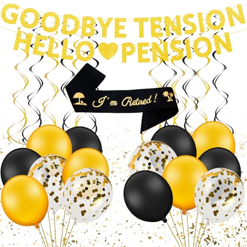 29 Stücke Ruhestand Party Dekoration Enthalten Goodbye Tension Hello Pension Gold Funkeln Banner Pailletten Latexballons Schärpe im Ruhestand Schwarzes Gold Hängende Wirbel für Herren Frauen von BBTO