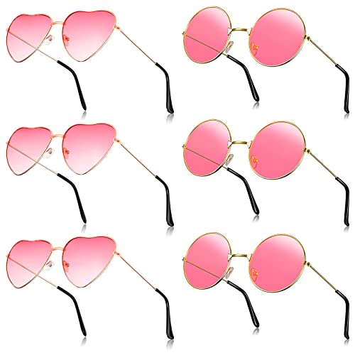 BBTO 6 Paar Hippie Sonnenbrillen Set Herzförmige Brillen Runde Partybrillen Retro Festival Brillen für Damen Herren (Rosa) von BBTO