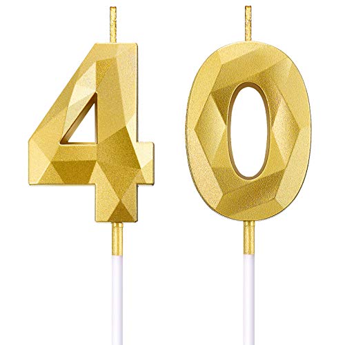 BBTO 40. Geburtstag Nummer Kerzen 3D Diamant Form Kuchen Kerzen Zahl 40 Kuchen Topper Dekoration für Geburtstag Hochzeit Jahrestag Feier Lieferung, Gold von BBTO