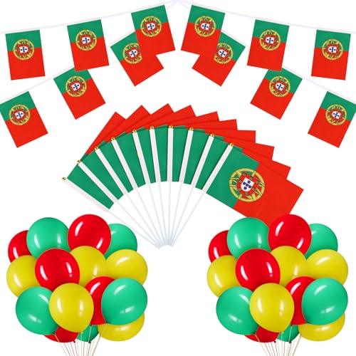 BBTO Flagge Deko Set mit Fahnenkette 10 Keine Handflaggen 30 Luftballons, Party Banner Ballons Deko für Fest Sportwettbewerb Fußballspiele Parade(Portugal) von BBTO