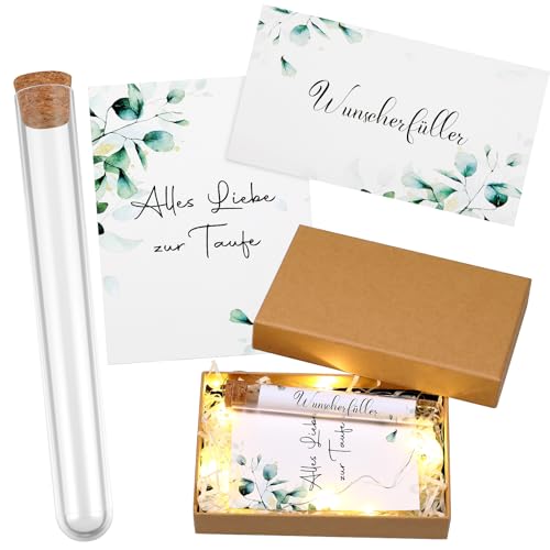 BBTO Geldgeschenke zur Taufe inklusive Kunststoff Reagenzglas mit Papier Lichterkette Raffia Gras Alles Liebe zur Taufe Karte Band und Geschenkbox Taufgeschenk Verpackung für Mädchen Jungen von BBTO