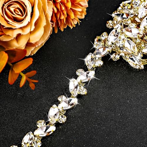 BBTO Strass-Kettenverzierung, Verzierung, Kristall, Hochzeit, Brautkostüm, Blume, Blattkette, Nähen, Bling-Besatz für Schmuck, DIY, Halsketten, Taschen, Partys (2,7 m, Gold) von BBTO