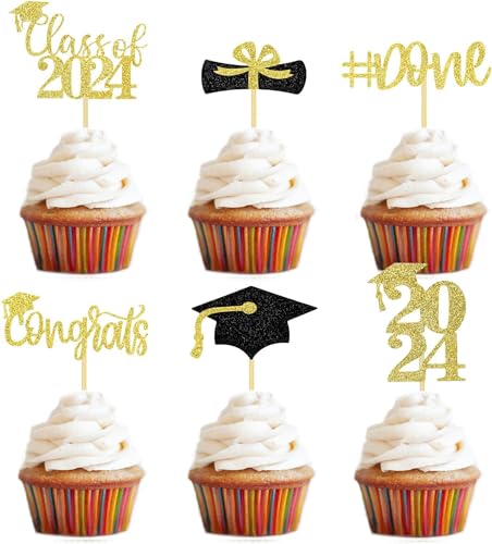 12 Stück Cupcake-Topper zum Schulabschluss, glitzernde Kuchendekoration 2024, Abschlussfeier, Partyzubehör, Mini-Kuchenaufsätze für Klasse 2024 von BBXWANG