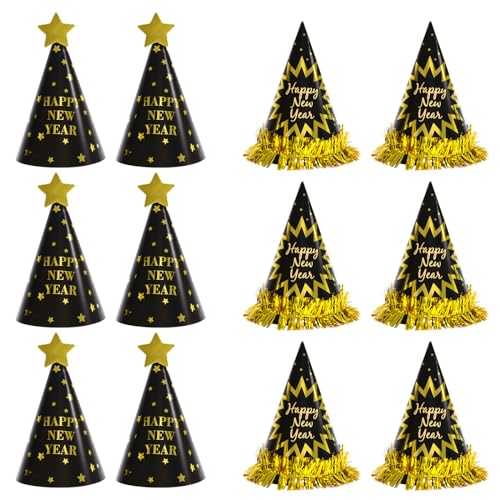 BBXWANG 12 Stück Silvester Partyhüte 2024, Schwarz Gold Kegel Partyhut Happy New Year Deko, Für Erwachsene, Kinder (Tassel + Stern) von BBXWANG