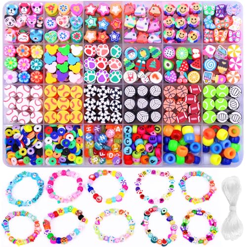 Modelliermasse-Perlen, Armbandherstellungs-Set, 24 Stile, niedlich, lustig, Sportkugeln, Obst, Blumen, Tier, Kuchen, Schmetterling, Herz, Perlen für Schmuckherstellung, DIY-Zubehör für Mädchen, S088 von BBita
