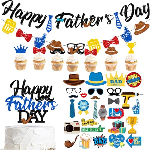 BCEDIGAD Vatertag Party Dekorationen 37 Stück, Happy Father's Day Cake Topper Banner Mit Hut Schnurrbart Bier Fliege Krawatte Cupcake Topper Für Vatertag Party Festival Zubehör BCEDIGAD Vatertag Party Dekorationen 37 Stück, Happy Father's Day Cake Topper Banner Mit Hut Schnurrbart Bier Fliege Krawatte Cupcake Topper Für Vatertag Party Festival Zubehör von BCEDIGAD