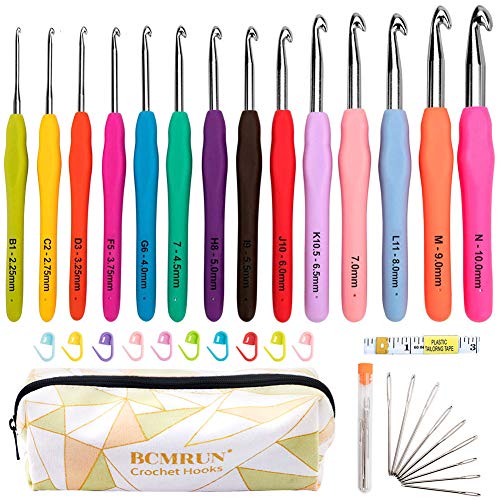 BCMRUN Häkelhaken Set 14 Stück Bunte Ergonomische Soft Gummi Comfort Grip Häkeln Stricken Nadeln Kit Haushalt Werkzeug für Arthritis mit tragbaren Tasche und mehr Zubehör, 2mm-10mm von BCMRUN