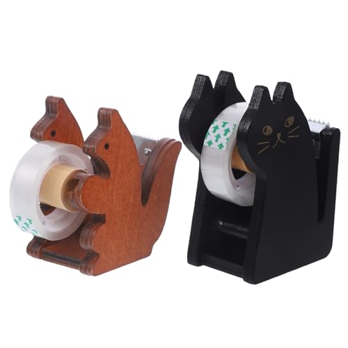 BCOATH 2 Stück Kleiner Cartoon Tape Dispenser Niedlicher Tier Halter aus Holz für Klebeband Praktischer Abroller für Büro Schule und Zuhause Schwarz Katze Eichhörnchen von BCOATH